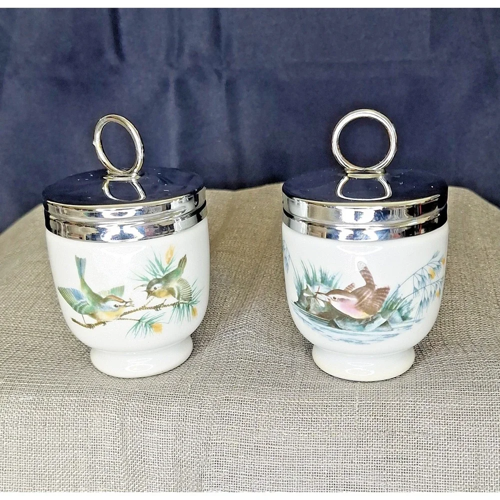 2 Vintage Royal Worcester England Porcelain Finch Wren Birds Egg Coddlers EUC